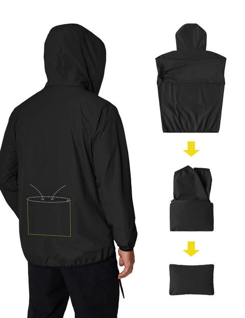 Mens Hooded Packable Rain Jacket Waterproof Breathable Windbreaker For Travel Golf And Hiking Ultralight Rain Gear Black Large Size packed view