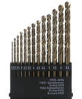 13-piece metric HSS twist drill bit set in black holder, sizes 1.5–6.5 mm