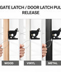 2 Pack Heavy Duty Gate Latch Cables Made From Stainless Steel Rust Proof Gate Opener Cords demonstrated on wood, vinyl, and metal gates.