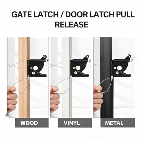 2 Pack Heavy Duty Gate Latch Cables Made From Stainless Steel Rust Proof Gate Opener Cords demonstrated on wood, vinyl, and metal gates.