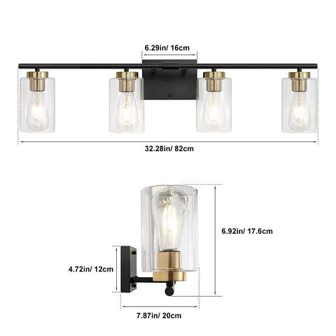 4 Light Bathroom Vanity Light Fixture Modern Black And Gold Sconce Wall Lights Over Mirror With Clear Glass Shades