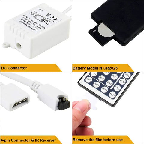 RGB LED Light Strip Remote Controller Dimmer With Wireless IR 44 Keys connectors and battery details