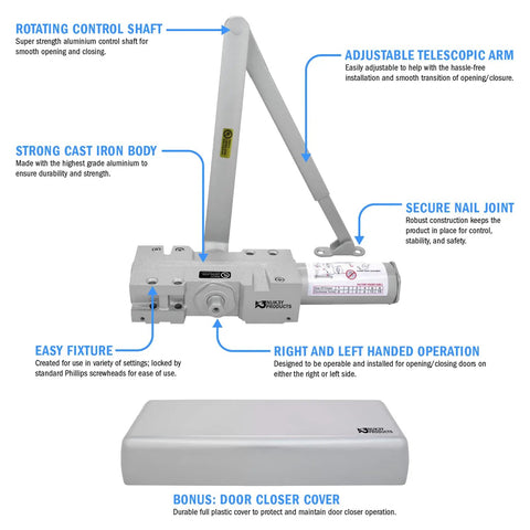 4400 Series Cast Iron Door Closer Grade 1 Built Tough Multi Mount Adjustable Size 1 to 6 ADA Compliant UL Listed with labeled features.
