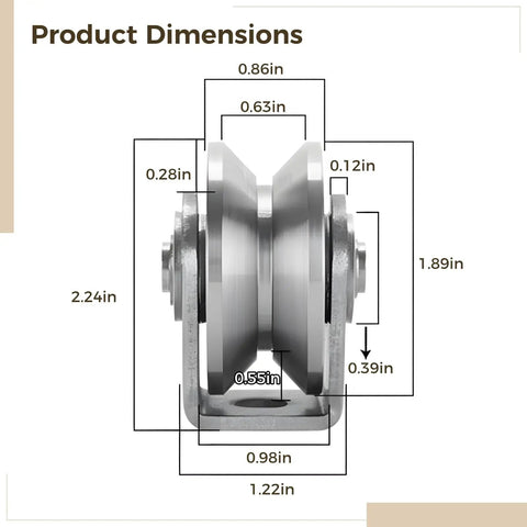 Front view dimensions of Beefy Two Pack Heavy Duty Stainless Steel Pulleys With Dual Wheel Grooved Track for bolt installations