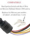 Boat Ignition Switch With Key Push To Choke 6 Wire Base Marine Grade Corrosion Resistant Includes 2 Keys And 6 Wire Connectors Plug And Play For Mercury Outboards visible with two keys and colored wires.