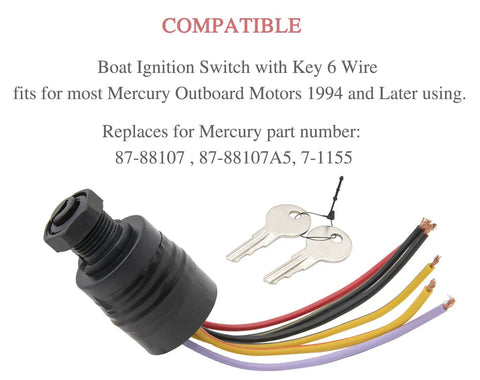 Boat Ignition Switch With Key Push To Choke 6 Wire Base Marine Grade Corrosion Resistant Includes 2 Keys And 6 Wire Connectors Plug And Play For Mercury Outboards visible with two keys and colored wires.