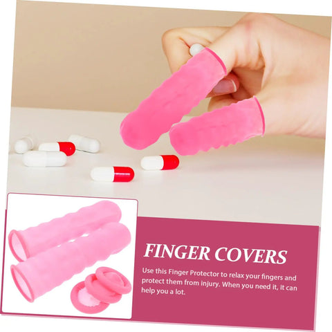 Pack Of One Hundred Chill Finger Sleeves For Guys Who Crush Hand Sewing Darts And Grindy Gaming Matches Breathable Protective Covers That Keep Your Digits Locked Up And Feeling Solid Daily, shown in pink on fingers.