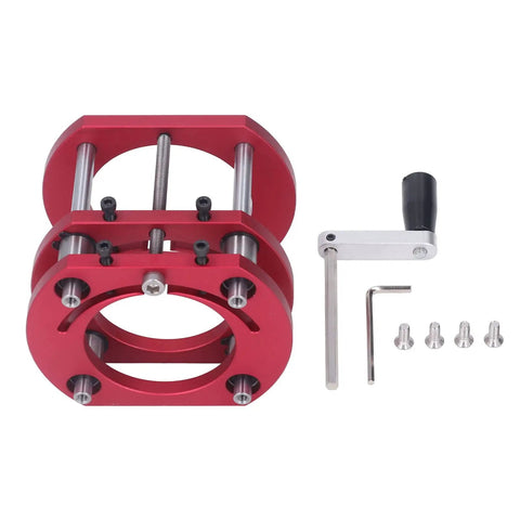 Heavy Duty Router Lift Table With Four Jaw Clamping Aluminum Base And Height Adjustments Up To Fifty One Millimeters components in red and gray.
