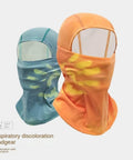 Thermochromic Color Changing Long Face Mask For Winter Cycling And Skiing Headwear Street Ready Thickened Nylon Warm Neck Gaiter With Temperature Sensitive Fabric Yellow shown in blue and orange.