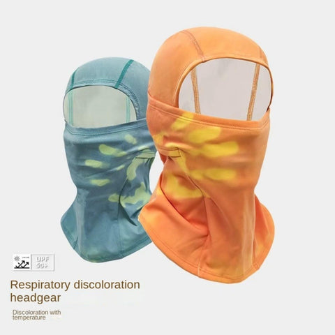 Thermochromic Color Changing Long Face Mask For Winter Cycling And Skiing Headwear Street Ready Thickened Nylon Warm Neck Gaiter With Temperature Sensitive Fabric Yellow shown in blue and orange.
