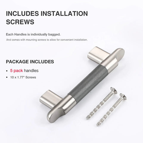 Knurled Cabinet Pulls Three And Three Quarters Inch Center To Center Five Pack In Grey And Brushed Nickel with screws shown