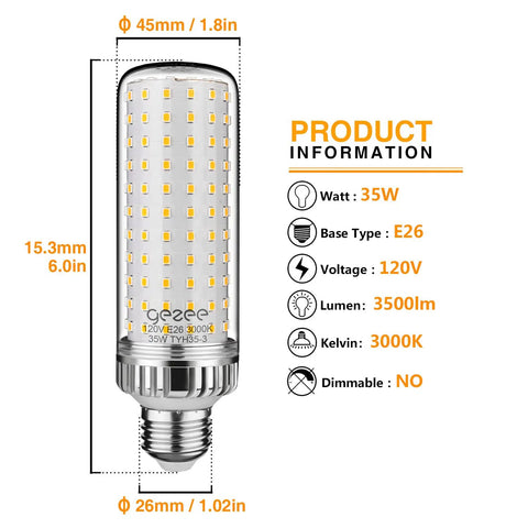 35W LED Light Bulb E26 Base Daylight White 6000K 3500 Lumens Non Dimmable 3 Pack No Fuss Energy Saving Replace 280W Incandescent