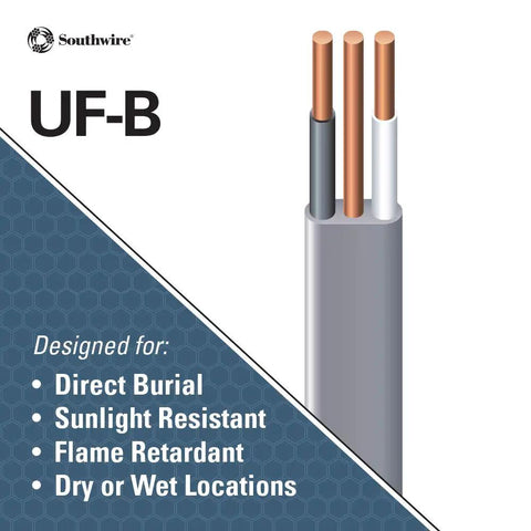 12/2 UF B Wire With Ground 25 Ft Gray Solid Copper Direct Burial Cable For Outdoor And Underground Use 600V Heavy Duty Residential
