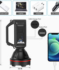Ultra Bright Rechargeable Spotlight Flashlight with USB output and shoulder strap, dimensions, and charging options visible