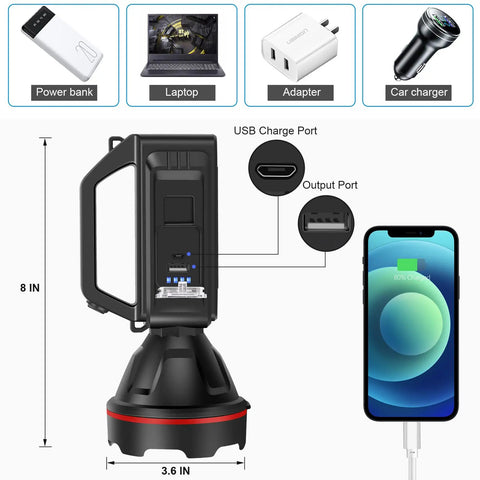 Ultra Bright Rechargeable Spotlight Flashlight with USB output and shoulder strap, dimensions, and charging options visible
