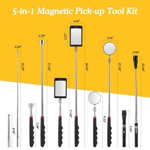 360 Degree Flexible Magnetic Flashlight And Telescoping Magnetic Pickup Tool Kit With Adjustable Inspection Mirror sizes