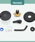 Package contents of 8 Inch Rainfall Shower System With Adjustable Circular Head Wall Mount Curved Extension Arm Pressure Balance Valve