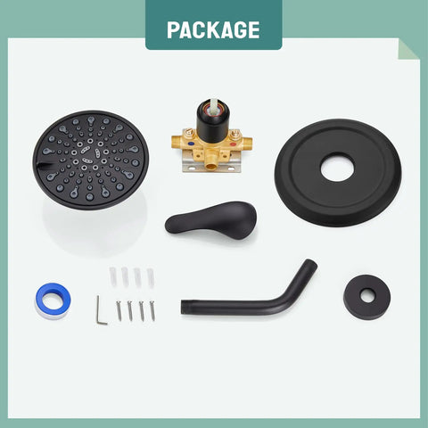 Package contents of 8 Inch Rainfall Shower System With Adjustable Circular Head Wall Mount Curved Extension Arm Pressure Balance Valve