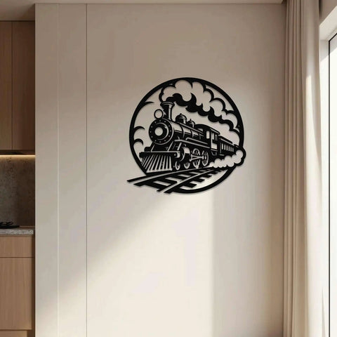 Locomotive Metal Wall Art In Black Finish For Indoor And Outdoor Decor 20 Inch Vintage Rustic Artwork on living room wall