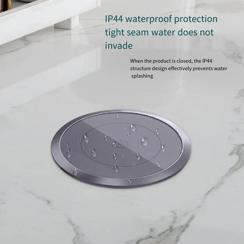 Slick Auto Rising Desk Power Strip With Fast Wireless Charger Tempered Glass Top hidden flush mount socket with IP44 waterproof design.