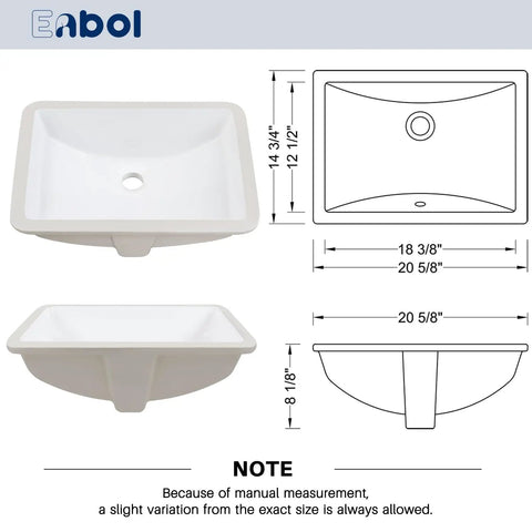 Undermount White Rectangular Ceramic Bathroom Sink With Overflow, Durable Glazed Finish, 20.625 by 14.75 by 8.125 Inches
