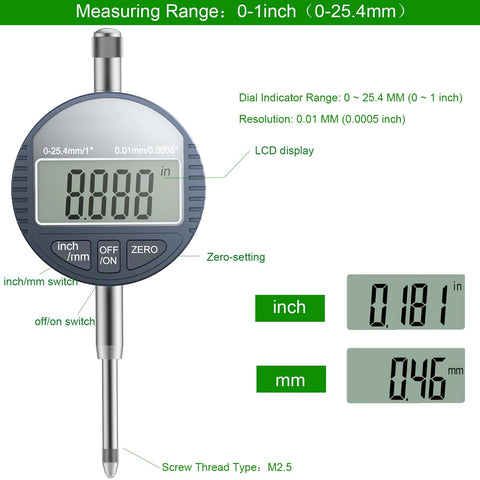 Front view of HDLNKAK digital brake disc gauge with 1 inch range, LCD display, 360-degree stem