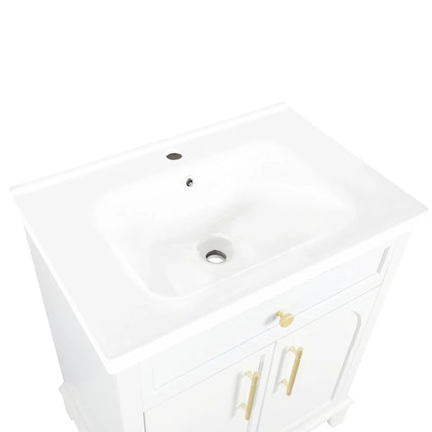 HAOCHRYSYPH Ceramic Basin, Sink Only, White, 27.83 x 18.70 x 7.00 in, top view showing single sink and integrated design.