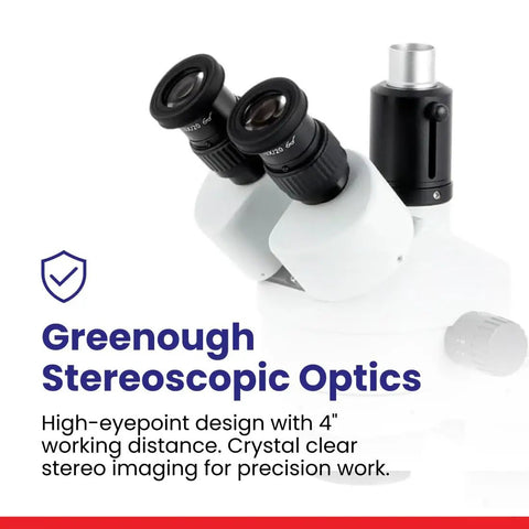 Professional Trinocular Stereo Zoom Microscope With Boom Stand, Long Working Distance, 10X Super Widefield Eyepieces, Adjustable Interpupillary, A Solid Workhorse For Circuit Boards And Dental Appliances; 4-inch working distance