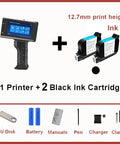 Cool Handheld Inkjet Printer For Glass Labeling with two ink cartridges and accessories including USB, battery, and manuals.