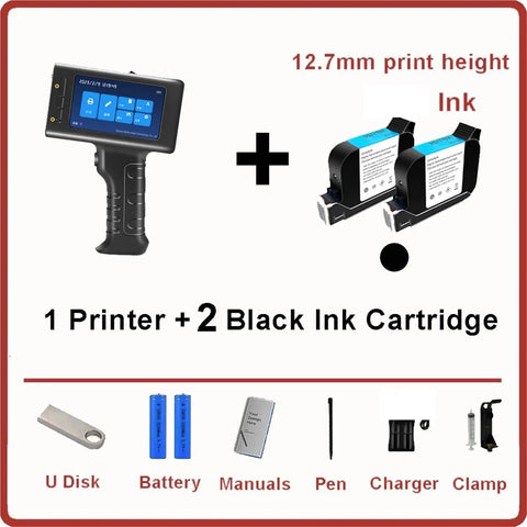 Cool Handheld Inkjet Printer For Glass Labeling with two ink cartridges and accessories including USB, battery, and manuals.