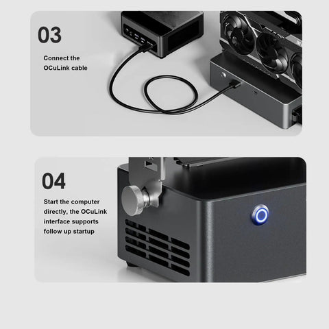Plug and Play External Gpu Enclosure With Oculink And Usb4 Hot Swap Support Featuring A Rock Solid Eight Hundred Watt Power Supply To Upgrade Your Laptop Setup Today Black showing connection and startup process.