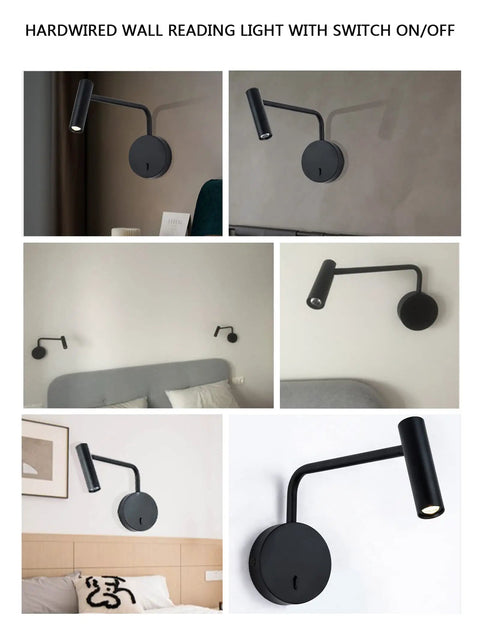 Wall Mounted Reading Light For Bedroom With LED Swing Arm Sconce, Hardwired Bedside Lamp On Off Switch, sleek black design