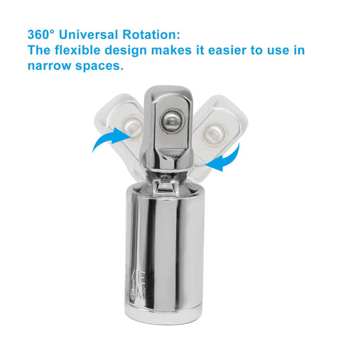 Universal Joint Socket Set 3-Piece For 1/4 In, 3/8 In, And 1/2 In Drives, Built Tough With Chrome Vanadium Steel, Rust-Resistant Finish, Spring-Loaded Locking Ball, Smooth Swivel Action For Hard-To-Reach Angles And Quick Reliable Access. 360° swivel joint for narrow spaces
