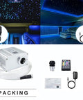 10W Bluetooth RGBW Fiber Optic Star Ceiling Light Kit with 300 Fibers, 9.8ft, remote control and app setup shown.