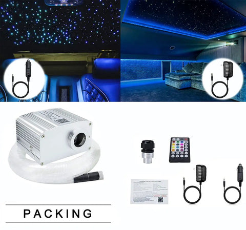 10W Bluetooth RGBW Fiber Optic Star Ceiling Light Kit with 300 Fibers, 9.8ft, remote control and app setup shown.