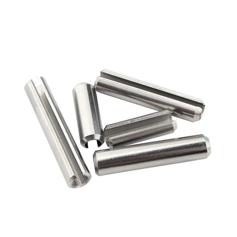 Close-up of slotted spring pins set in 304 stainless steel, dowel roll pins M1.5 to M12, for machinery and assembly.