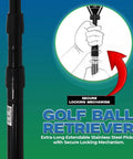 Telescoping Golf Ball Retriever With Fifteen Foot Reach Lightweight Aluminum Shaft illustration with locking feature