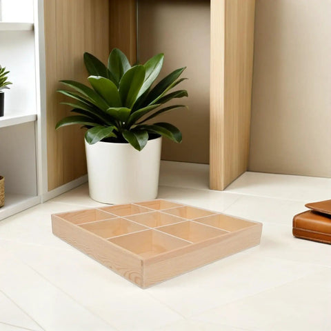 Top Notch Nine Section Wooden Underwear Drawer Organizer For Closet And Bedroom Keeps Your Socks And Lingerie Neatly Sorted With Space Saving Design For A Clean Setup on floor with plant.