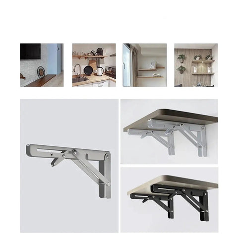 Heavy Duty Stainless Steel Triangle Folding Brackets Set Adjustable Wall Mounted Shelf Brackets For Benches Tables And Tool Stations Space Saving 12 Inch Silver in use