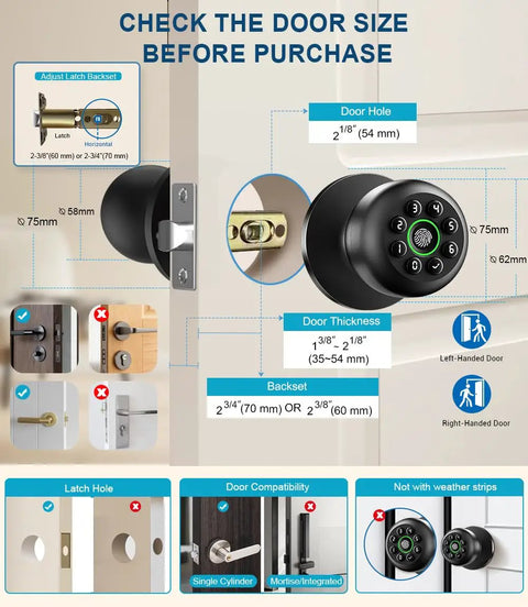 Smart Fingerprint Door Lock With Keypad And App Control 4 In 1 Biometric Door Knob installation guide displaying dimensions and compatibility