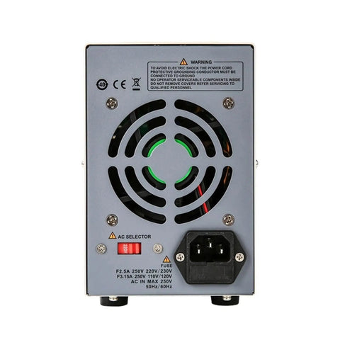 Bench Top Linear DC Power Supply 110V 220V Regulator With UTP3313TFLII And UTP3315TFLII Compatibility Workhorse Output And Precise Point Five Percent Voltage Control With 10mV Resolution For Stable Lab Testing rear view with AC selector and fan vent