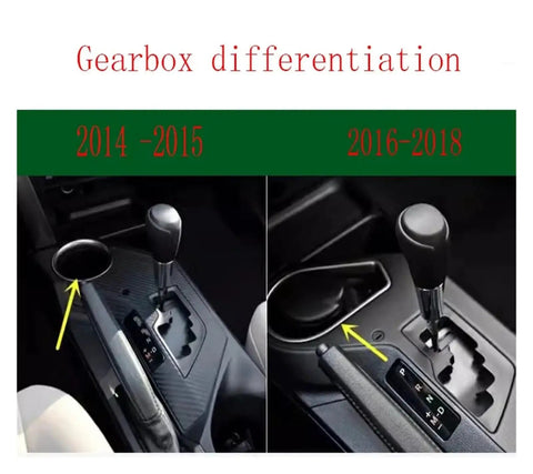 Upgrade Your Ride With This Stylish Gear Shift Panel And Armrest Bowl Cover Kit For Rav4 2014-2018 Interior Trim That Blocks Scratches And Dust While Giving Your Car A Totally Fresh Dope Look Instantly. Gearbox differentiation for Rav4 2014-2018, two trim fit styles shown.