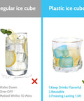 Comparison of regular ice cubes melting and reusable plastic ice cubes lasting longer, highlighting benefits for 360 Pack Reusable Ice Cubes For Camping And Ice Baths, 12 Lb Set For Muscle Recovery, Facial Cooling, No Wet Mess, Easy Aromatherapy With Essential Oils.