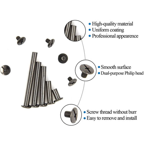 Hardcore No Nonsense Black Chicago Binding Screws M5 Assortment Kit With 80 Pieces showing various sizes and smooth surfaces.
