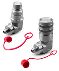 90 Degree Elbow Hydraulic Quick Connect Coupler Fittings 1/2 Inch Body Size To 3/8 Inch JIC Male Flat Face Skid Steer Couplings Set With Dust Cap Heavy Duty Hydraulic Quick Disconnect For Construction Forestry And Industrial Equipment