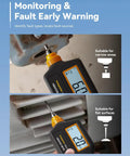 Pro Grade Handheld Vibration Meter Digital Tester measuring on a motor for fault detection in narrow areas.