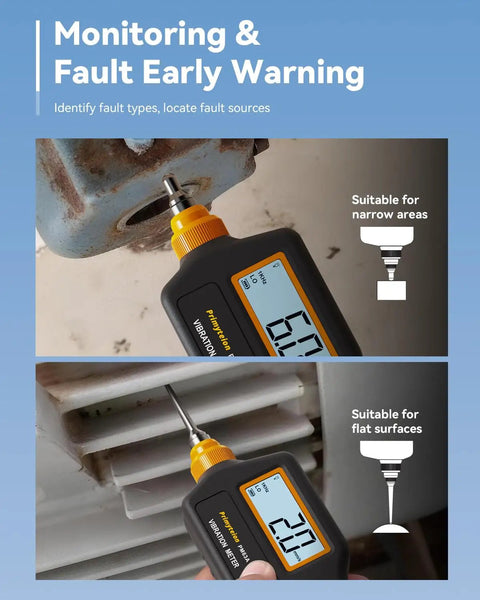 Pro Grade Handheld Vibration Meter Digital Tester measuring on a motor for fault detection in narrow areas.