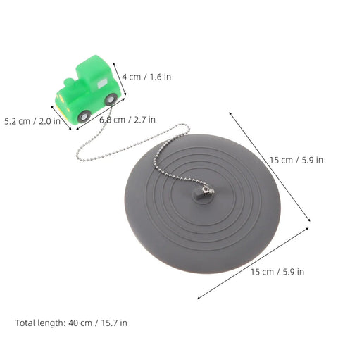 TEHAUX Silicone Bathtub Drain Stopper 15cm, Hair Catcher for Bathroom with green toy train and circular plug.
