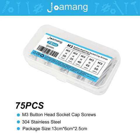 M3 Button Head Socket Cap Screws Kit 75Pcs 304 Stainless Steel in clear plastic case with label showing sizes and specs