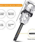 Heavy Duty One Inch Pneumatic Air Impact Wrench Packing Nineteen Hundred Foot Pounds Of Kick For Pro Garages and Tire Changes That Knocks Out Rusty Nuts Fast Without Breaking A Sweat With Steel Case side view showing air inlet and wrench extension.